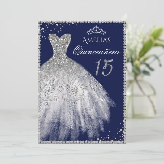 Sparkle Jurk Zilver Navy Quinceanera Uitnodiging (Staand voorkant)