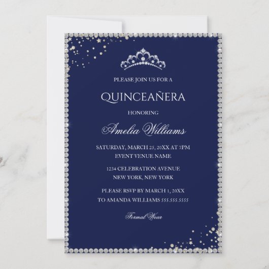 Sparkle Jurk Zilver Navy Quinceanera Uitnodiging (Achterkant)