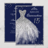 Sparkle Jurk Zilver Navy Quinceanera Uitnodiging (Voorkant / Achterkant)