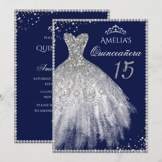 Sparkle Jurk Zilver Navy Quinceanera Uitnodiging (Voorkant / Achterkant)