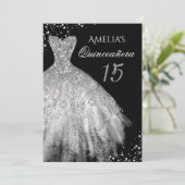 Sparkle Jurk Zilver Zwart Quinceanera Uitnodiging (Staand voorkant)