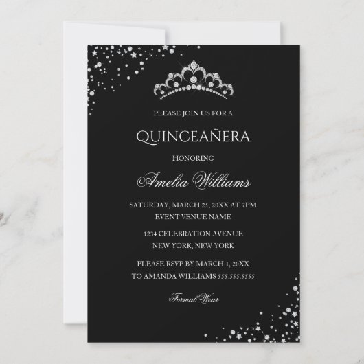 Sparkle Jurk Zilver Zwart Quinceanera Uitnodiging (Achterkant)