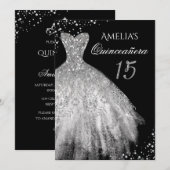 Sparkle Jurk Zilver Zwart Quinceanera Uitnodiging (Voorkant / Achterkant)