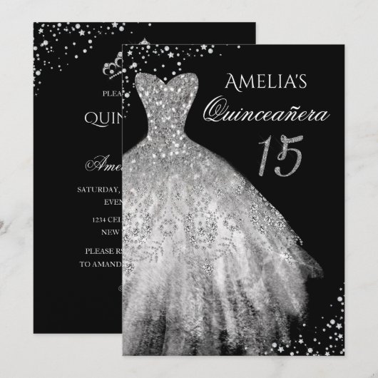 Sparkle Jurk Zilver Zwart Quinceanera Uitnodiging (Voorkant / Achterkant)