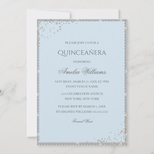 Sparkle Jurk Zilveren Blauw Quinceanera Uitnodigin Kaart (Achterkant)