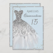 Sparkle Jurk Zilveren Blauw Quinceanera Uitnodigin Kaart (Voorkant / Achterkant)
