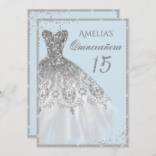 Sparkle Jurk Zilveren Blauw Quinceanera Uitnodigin Kaart (Voorkant / Achterkant)
