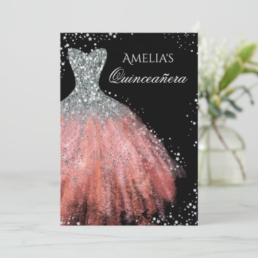 Sparkle Jurk Zilveren Roze Quinceanera Uitnodiging (Staand voorkant)