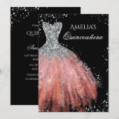 Sparkle Jurk Zilveren Roze Quinceanera Uitnodiging (Voorkant / Achterkant)