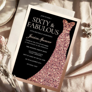 Sparkle Jurk & Zwart 60ste Verjaardag Roze Goud Folie Uitnodiging