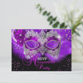 Sparkle Lace Mask Paarse Masquerade RSVP Kaartje (Staand voorkant)