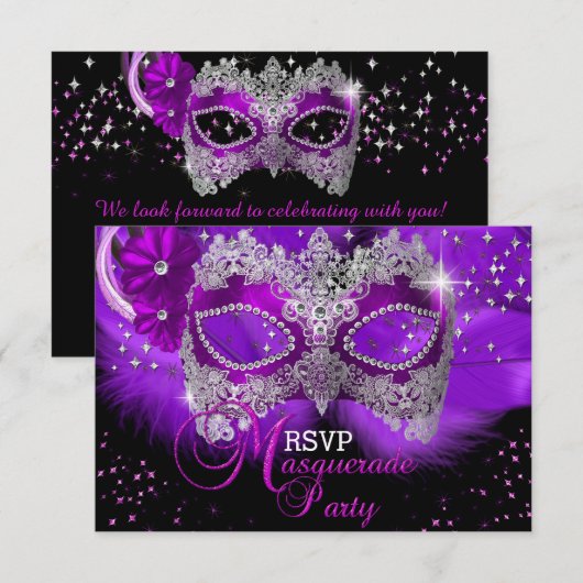 Sparkle Lace Mask Paarse Masquerade RSVP Kaartje (Voorkant / Achterkant)