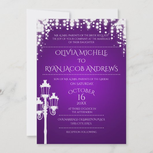 Sparkle Lamp Post Gala Paarse bruiloft Kaart (Voorkant)