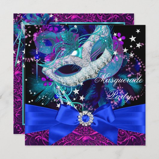 Sparkle Mask & Bow Masquerade Party Invitation Kaart (Voorkant / Achterkant)