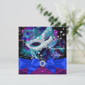 Sparkle Mask & Bow Masquerade Party Invitation Kaart (Staand voorkant)
