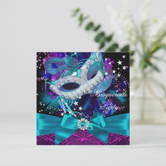 Sparkle Mask & Bow Masquerade Party Invitation Kaart (Staand voorkant)