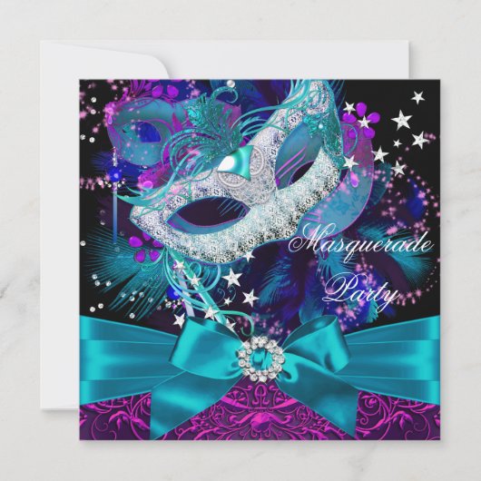 Sparkle Mask & Bow Masquerade Party Invitation Kaart (Voorkant)