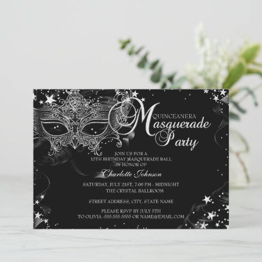 Sparkle Mask Star Night Masquerade Quinceañera Kaart (Staand voorkant)