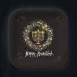 Sparkle Menorah Hanukkah Papieren Bordje<br><div class="desc">Het ontwerp van de Hanukkah-partij is voorzien van een gouden menorah en zilveren en gouden sparkles op een zwarte achtergrond.</div>