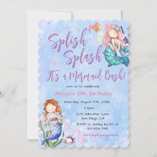Sparkle Mermaid Bash Birthday Invitation Kaart (Voorkant)