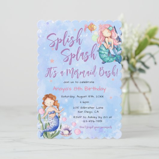 Sparkle Mermaid Bash Birthday Invitation Kaart (Staand voorkant)