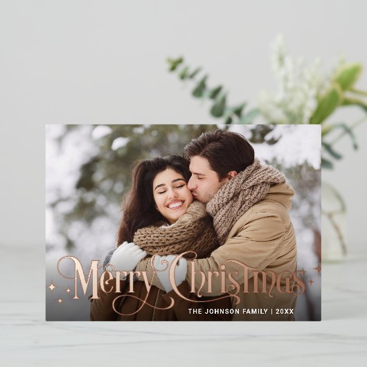 Sparkle Merry Kerstmis 2 PHOTO Greeting Roos Gold Folie Feestdagenkaart (Staand Voorkant)