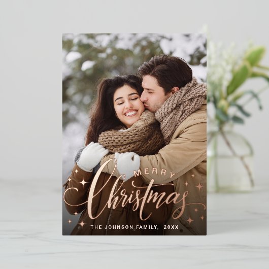 Sparkle Merry Kerstmis 4 PHOTO Greeting Roos Gold Folie Feestdagenkaart (Staand Voorkant)