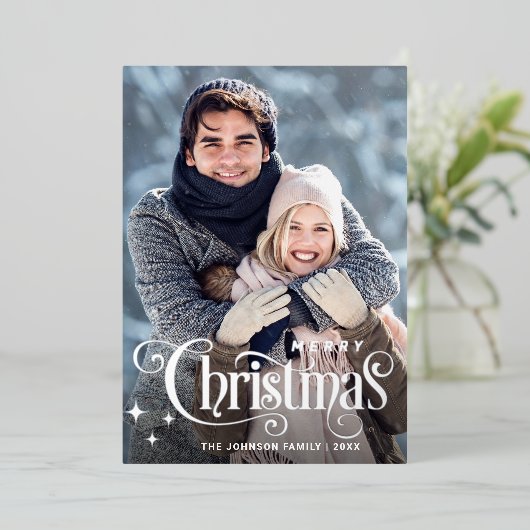Sparkle Merry Kerstmis 4 PHOTO Greeting Silver Folie Feestdagenkaart (Staand Voorkant)
