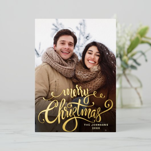 Sparkle Merry Kerstmis 5 PHOTO Greeting Gold Folie Feestdagenkaart (Staand Voorkant)