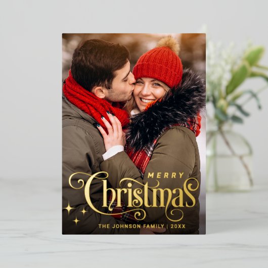 Sparkle Merry Kerstmis 5 PHOTO Greeting Gold Folie Feestdagenkaart (Staand Voorkant)