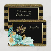 Sparkle Mint Gold Floral Bridesmaid Invitation Kaart (Voorkant / Achterkant)