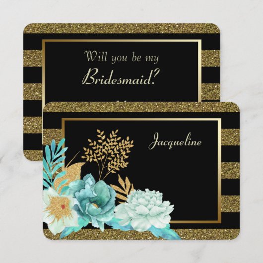 Sparkle Mint Gold Floral Bridesmaid Invitation Kaart (Voorkant / Achterkant)