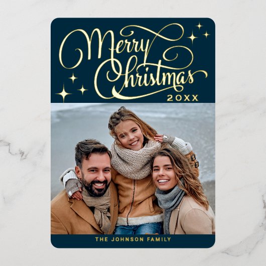 Sparkle Moderne Kerstmis PHOTO Greeting Gold Folie Feestdagenkaart (Voorkant)