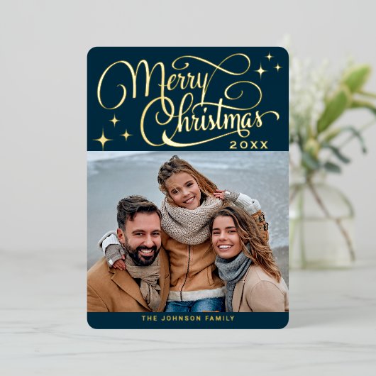 Sparkle Moderne Kerstmis PHOTO Greeting Gold Folie Feestdagenkaart (Staand Voorkant)