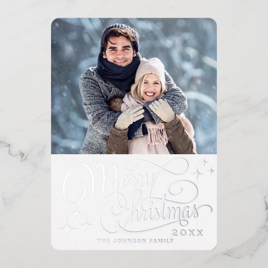 Sparkle Moderne Kerstmis PHOTO Silver Folie Feestdagenkaart (Voorkant)