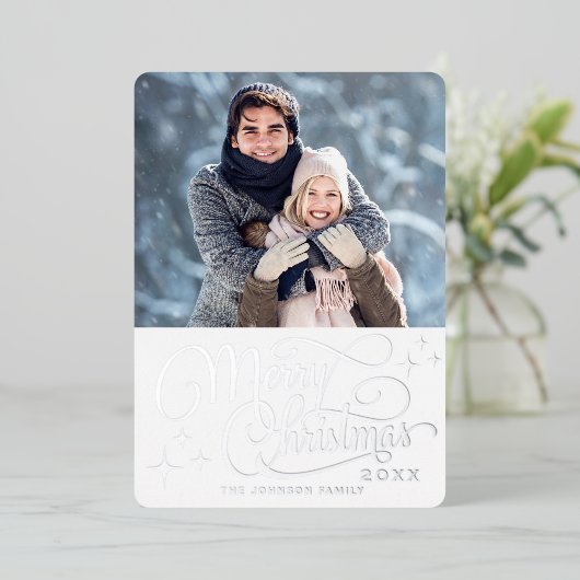 Sparkle Moderne Kerstmis PHOTO Silver Folie Feestdagenkaart (Staand Voorkant)