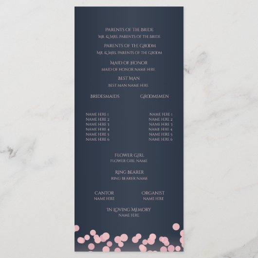 Sparkle Navy Blue en Pink Bokeh bruiloft programma Programmakaart (Achterkant)