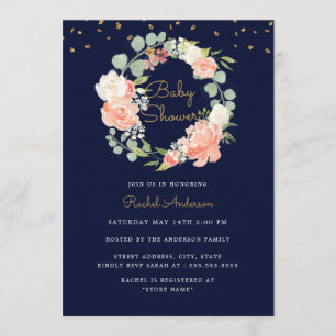 Sparkle Navy Peach Gold Wreath Baby shower Kaart