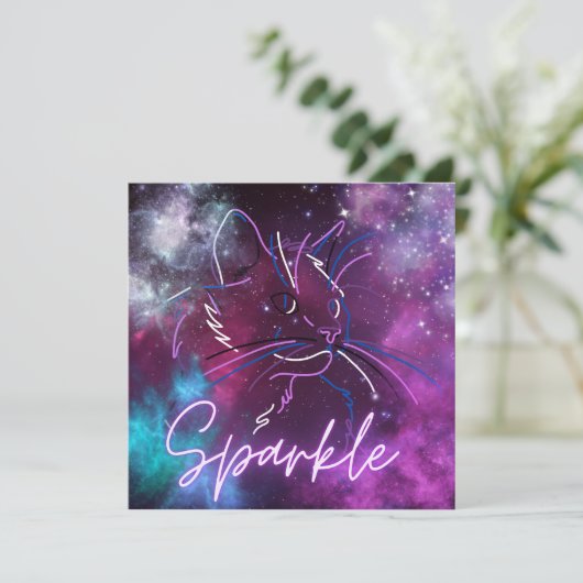 Sparkle-neon galaxy cat-uitnodiging kaart (Staand voorkant)