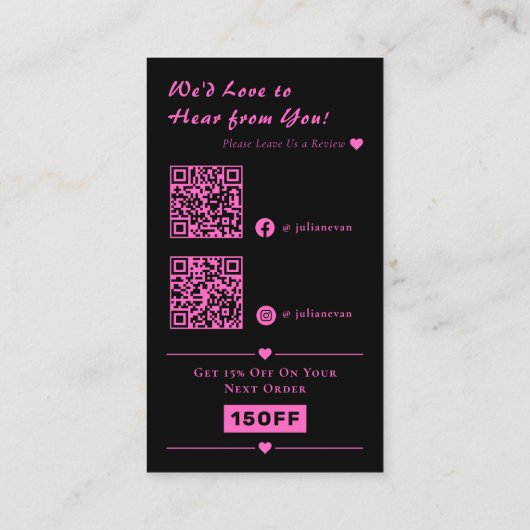Sparkle Neon Pink Glitter Heart QR Code Dank u Visitekaartje (Achterkant)