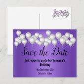 Sparkle Occassion Date Paarse Balloons Aankondigingskaart (Voorkant / Achterkant)