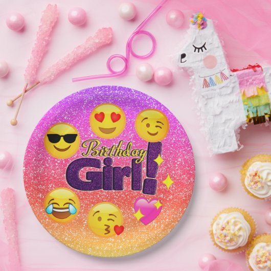 Sparkle Ombre Birthday Girl Emoji Paper Borden Papieren Bordje (Feest)