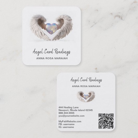 *~* Sparkle Opal Heart QR Angel Wings AP78 WHITE Vierkante Visitekaartje (Voorkant / Achterkant)