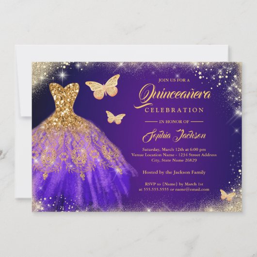Sparkle Paars Gold Dress Butterfly Quinceanera Kaart (Voorkant)