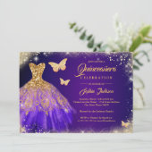 Sparkle Paars Gold Dress Butterfly Quinceanera Kaart (Staand voorkant)