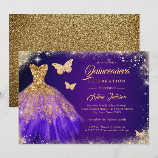 Sparkle Paars Gold Dress Butterfly Quinceanera Kaart (Voorkant / Achterkant)