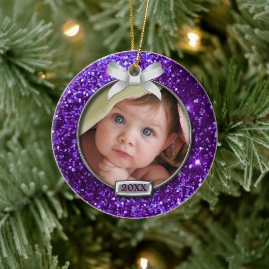 Sparkle Paars/Silver Bow Foto Keramisch Ornament (Boom)