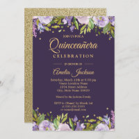 Sparkle Paarse Gold Floral Quinceanera Invite