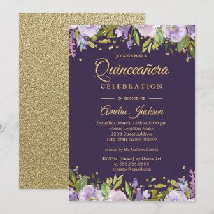 Sparkle Paarse Gold Floral Quinceanera Invite Kaart