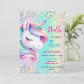 Sparkle Pastel Rainbow Unicorn Verjaardag Uitnodig Kaart (Staand voorkant)